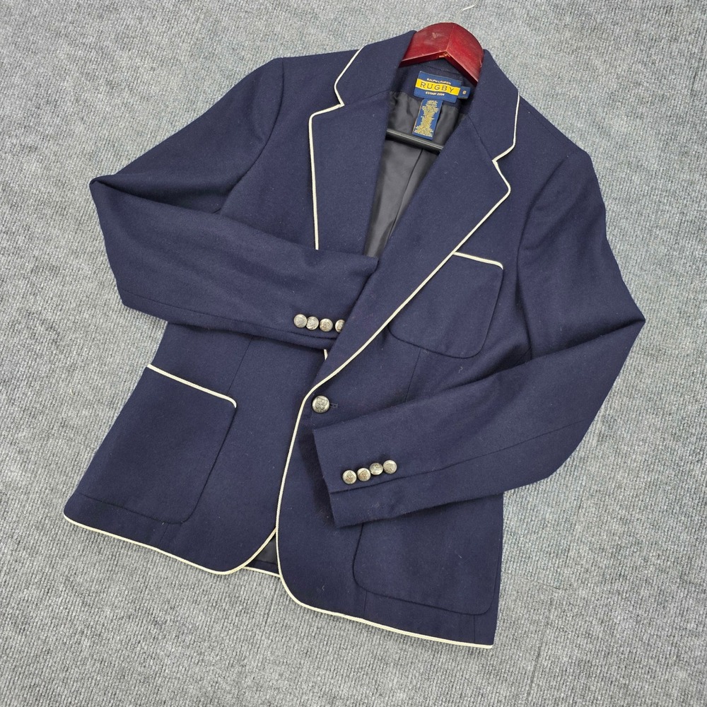 Ralph Lauren Rugby Navy Blue Wool Cashmere Piping Schoolboy Blazer Jacket Size 6